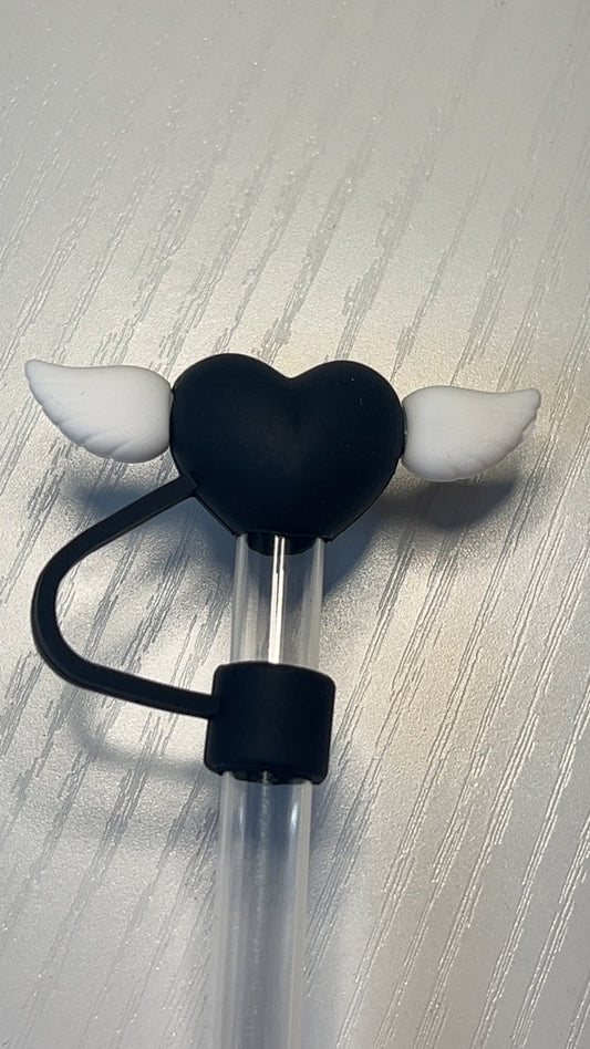 Black heart with wings straw topper